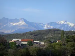 Paisajes de Altos Alpes - Granja rodeada de árboles y montañas