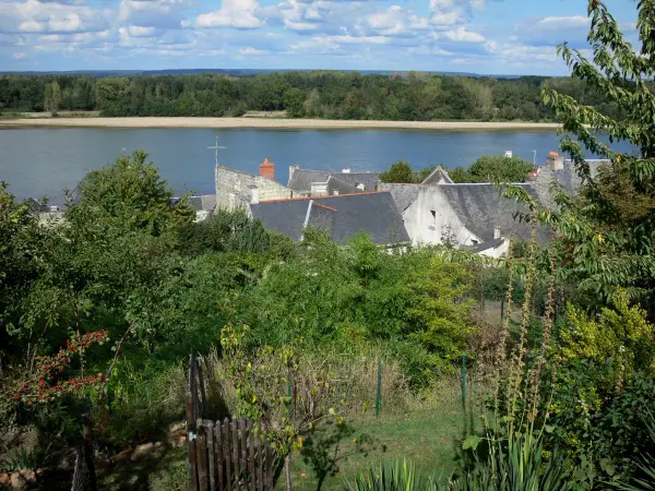 Paisajes de Anjou - Valle del Loira: jardines y casas en el pueblo de Montsoreau con vistas al río Loira, a la orilla opuesta y el bosque (árboles), las nubes en el cielo en el Parque Natural Regional Loire-Anjou-Touraine