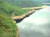 Paisajes de Cantal - Truyère gargantas: Vista del lago de la presa de Grandval y sus orillas arboladas desde el mirador Mallet