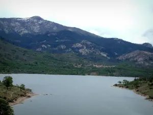 Paisajes de la Córcega interior - El agua de la cuenca (lago de la presa) Calacuccia, árboles, bosques y montañas en el fondo