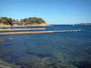 Paisajes del litoral de la Costa Azul - Mar Mediterráneo, el muelle y la playa de pinos (árboles)