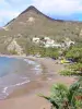 Paisajes de Martinica - Playa de Petite Anse d'Arlet llena de árboles y cocoteros, fachadas de casas, Morne Jacqueline y el Mar Caribe; en la localidad de Anse d'Arlet