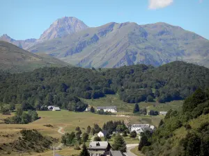 Paisajes de los Pirineos - Casas rodeadas de pastos, bosques y montañas, entre ellas la Cumbre del Pic du Midi de Bigorre en el fondo