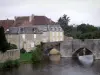 Paisajes del Vienne - Antiguo puente que atraviesa el río Gartempe, los árboles y las casas en la aldea de Saint-Savin