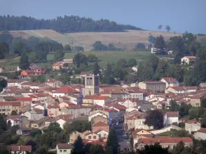 Parque Natural Regional Livradois-Forez - Torre de la iglesia y las casas de la aldea de Cunlhat rodeada de árboles y campos