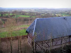 Pays d'Auge - Bâtisse à colombages avec vue sur les prairies et les arbres