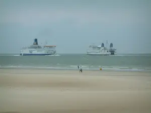 Paysages de la Côte d'Opale - Plage de sable, mer du Nord avec deux paquebots (ferries)