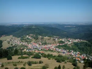 Paysages de Lorraine - Arbres, maisons et église d'un village, forêts