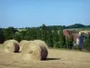 Paysages de l'Orne - Parc Naturel Régional du Perche : bottes de foin dans un champ avec vue sur le manoir de Courboyer (Maison du Parc)