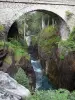 Paysages des Pyrénées - Pont d'Espagne (en pierre) enjambant le gave et cours d'eau bordé de parois rocheuses et de végétation ; dans le Parc National des Pyrénées