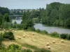Paysages de la Sarthe - Vallée de la Sarthe : bottes de foin dans un pré, rivière Sarthe, pont de Parcé-sur-Sarthe, et arbres au bord de l'eau