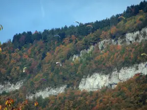 Paysages de Savoie en automne - Parapentistes (parapente) et montagne couverte d'arbres aux couleurs de l'automne