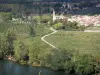 Paysages du Tarn-et-Garonne - Vallée de la Garonne : fleuve Garonne, arbres au bord de l'eau, champs, église et maisons du village d'Espalais