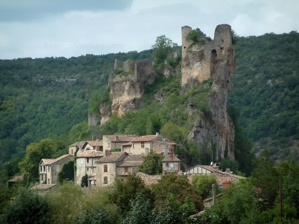 Penne - Ruins of the castle (fortress) perched on a rocky mountain spur and overhanging the houses of the village (Albigensian fortified town), trees and forest