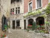 Pérouges - Gepflasterte Gasse gesäumt von alten Häusern und von Blumen