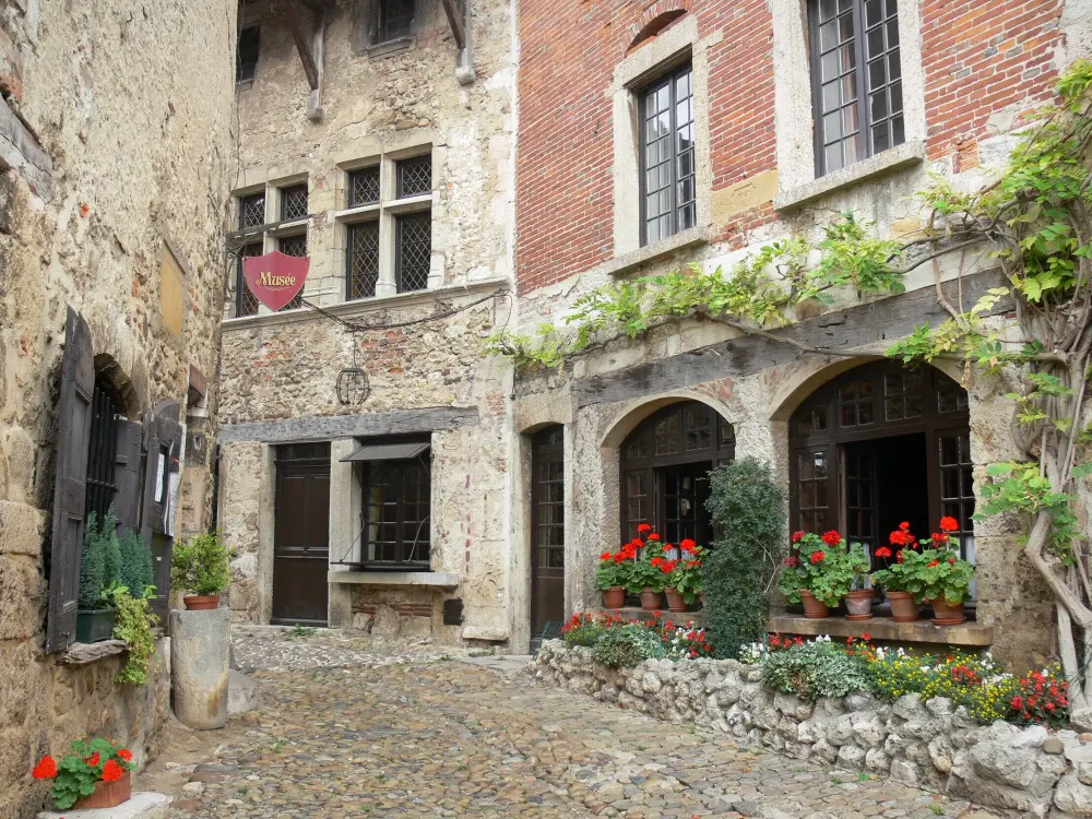 Pérouges - Ruelle pavée bordée de maisons anciennes et de fleurs