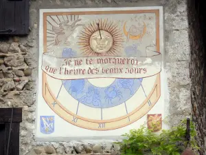 Pérouges - Sundial Place du Tilleul square (Place de la Halle) 