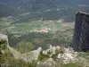 Peyrepertuse castle - View of the village of Rouffiac-des-Corbières and its surroundings from the hilltop site of Peyrepertuse; in the Corbières