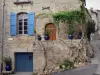 Pézenas - Casco antiguo: casa de piedra con persianas azules con plantas en macetas