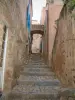 Pigna - Ruelle pavée en escalier bordée de maisons (en Balagne)