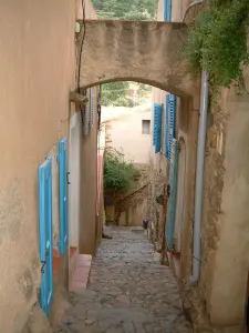 Pigna - Smalle geplaveide straten van het dorp met huizen met blauwe luiken (in Balagne)