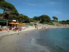 Playa de Palombaggia - Mediterráneo, mar, playa de arena, terraza de un café y bosque de pinos