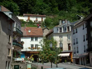 Plombières-les-Bains - Häuser mit Balkons aus Schmiedeeisen, und Bäume der Thermalstadt