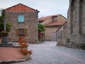 Pommiers - Église prieurale Saint-Pierre et maisons du village fleuri (fleurs)