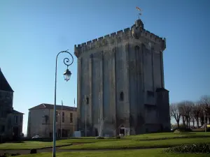 Pons - Lámpara, césped, fuente y la torre de la ciudad medieval en Saintonge