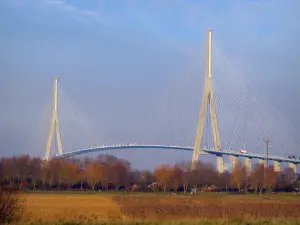 Pont de Normandie - Pont à haubans, arbres et champ