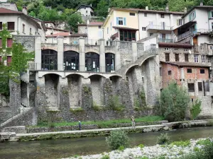 Pont-en-Royans - Library hall and houses of the village overhanging the banks of the Bourne river (town in the Vercors Regional Nature Park)