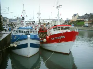 Port-en-Bessin - Huizen en vissershaven met zijn trawlers (boten), afgemeerd aan de steiger