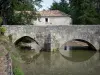 Poudenas - Old bridge spanning River Gélise and old mill in the background; in the Pays d'Albret region