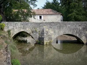 Poudenas - Vieux pont enjambant la rivière Gélise et ancien moulin en arrière-plan ; dans le Pays d'Albret