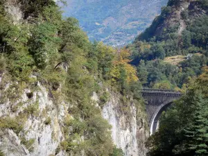 Puente Napoléon - Paredes rocosas de la garganta, parte del puente, árboles y montañas (cerca de Luz-Saint-Sauveur)