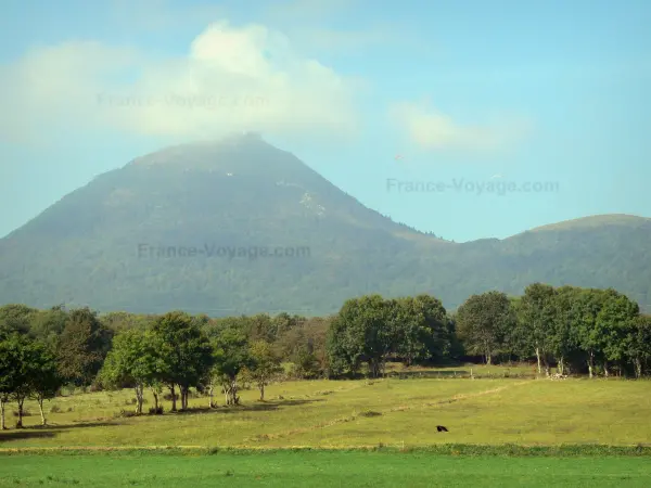 Puy de Dôme - Blick auf den Vulkan der Bergkette der Puys (Berge Dôme) und seinen Gipfel mit unterhalb eine Landschaft mit Bäumen und Wiesen; im Regionalen Naturpark der Vulkane der Auvergne