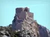 Quéribus castle - Cathar fortress perched on a rocky outcrop with its keep, its main building and its three enclosures; in the Corbières