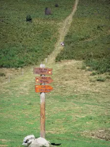 Regionaler Naturpark der Ariège Pyrenäen - Hinweisschild des Passes Port (in 1250 Meter Höhe) und Wanderpfad gesäumt von Bodenbewuchs; im Haut Couserans