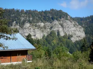 Regionaler Naturpark des Haut-Jura - Jura Gebirge: Holzhaus mit Blick auf den Berg und den Wald