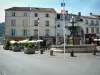 Remiremont - Place avec fontaine, drapeaux, terrasse de café, magasins et maisons de la ville