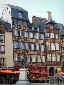 Rennes - Vieille ville : statue de Jean Leperdit, terrasses de cafés et maisons anciennes à pans de bois de la place du Champ-Jacquet