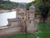 La Roche castle - Château of Gothic style, Loire river and the bank planted with trees; in Saint-Priest-la-Roche