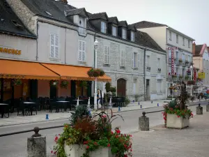 La Roche-Posay - Kurort: Häuser, Strassencafé, Geschäfte, Strasse, Pflanzen und Blumen in Blumenkästen