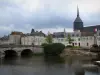 Romorantin-Lanthenay - Église Saint-Étienne, maisons de la ville, pont enjambant la rivière (la Sauldre) et ciel orageux, en Sologne