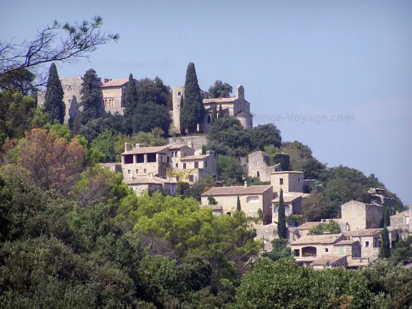 La Roque-sur-Cèze - Romanesque chapel and castle dominating the houses of the village, trees; in the Cèze valley