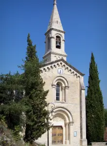 La Roque-sur-Cèze - Facade of the church lined with cypresses