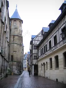 Rouen - Tower of the archbishop's palace, narrow street, and timber-framed houses