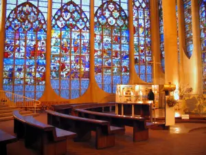 Rouen - Inside of the Sainte-Jeanne-d'Arc church of modern style with its stained glass windows
