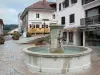 Les Rousses - Village of Les Rousses: fountain, houses, shops and flowers; in the Upper Jura Regional Nature Park