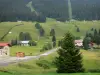 Les Rousses - Station de ski en été : route bordée de lampadaires, maisons, alpages (pistes de ski l'hiver), télésiège (remontée mécanique) et sapins (arbres) ; dans le Parc Naturel Régional du Haut-Jura